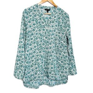Banana Republic Womens Floral Print V Neck Long Sleeve Blouse Green Cream Size M